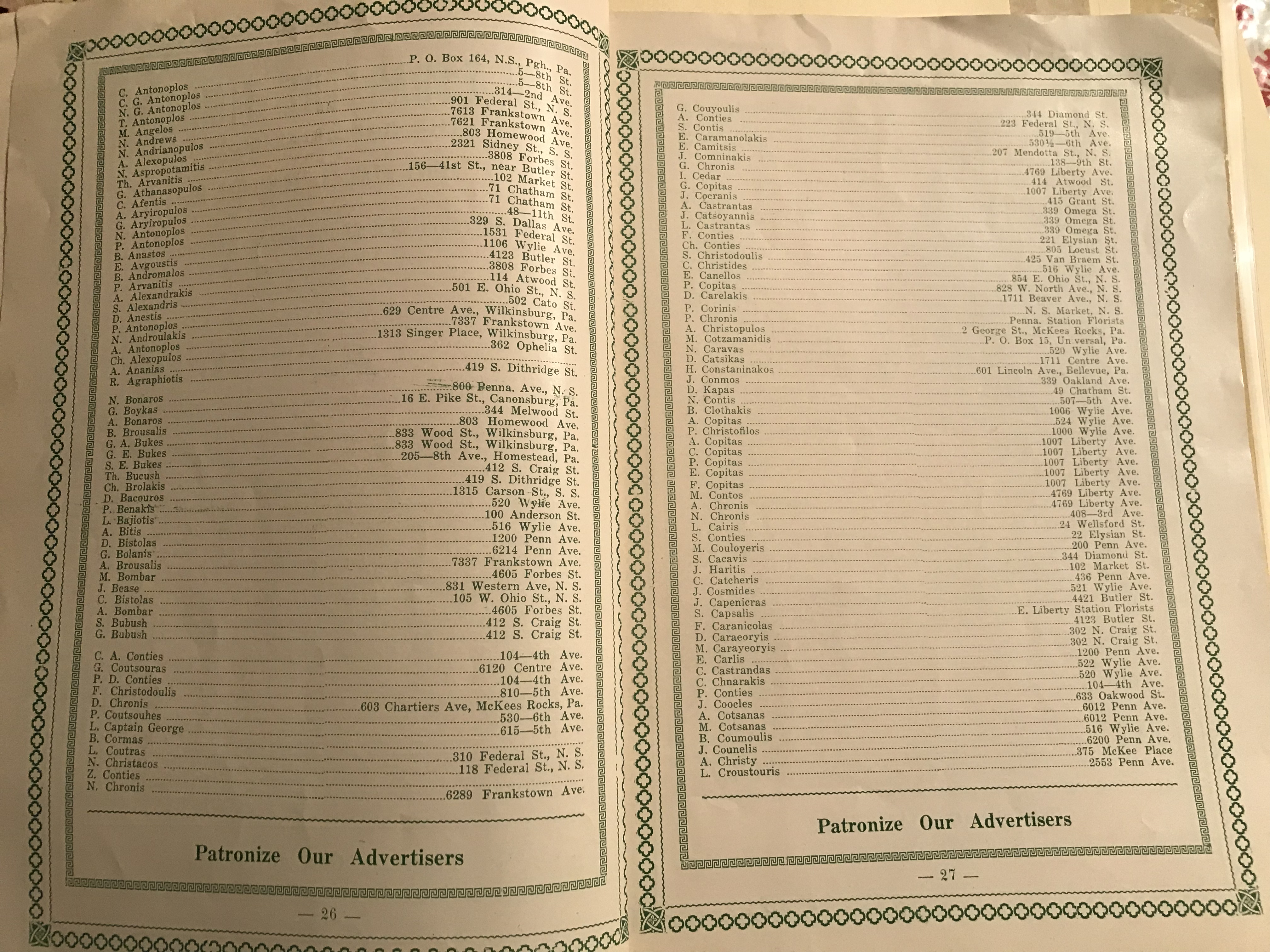 List of Greek Immigrant Families ca. 1927